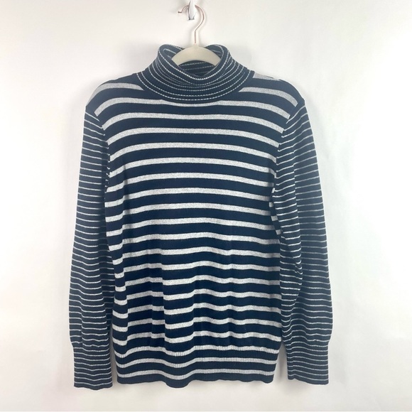 L.L. Bean Turtleneck Sweater Navy & Gray Stripe Cotton Cashmere Blend Classic M - Picture 1 of 13
